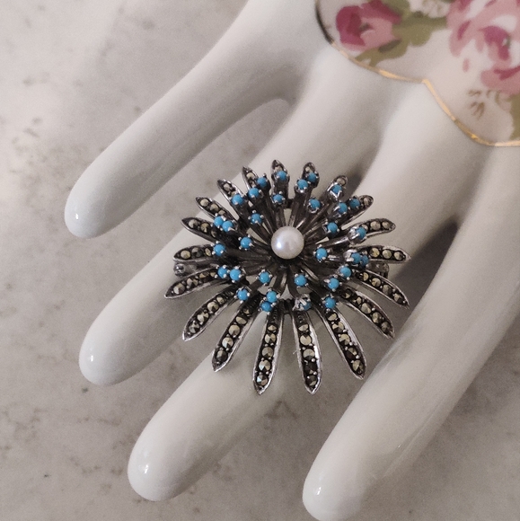 Vintage 60s Germany Silver 935 Chrysanthemum Flower Marcasite Brooch - Picture 8 of 16